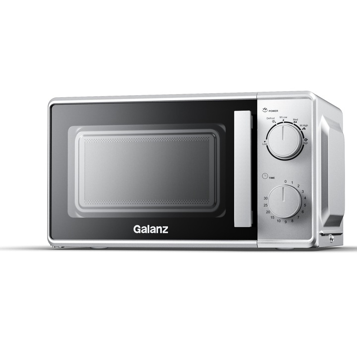 Cuptor cu microunde, capacitate 20 L, 700 W, platou rotativ, comanda simpla cu doua butoane, temporizator flexibil 0-30 minute, argintiu