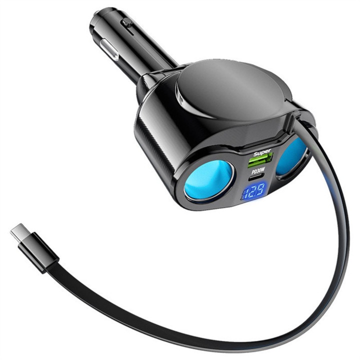 120W 5 az 1-ben autós töltő, gyors töltőportok, LED kijelző, fekete