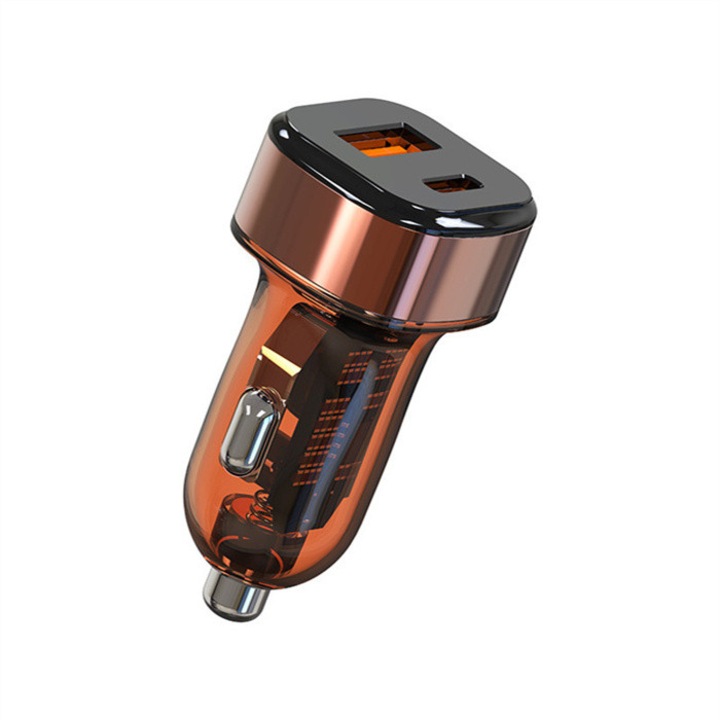 Intelligens autós töltő, 2 portos QC 3.0 + PD30W, narancssárga, 12-24V