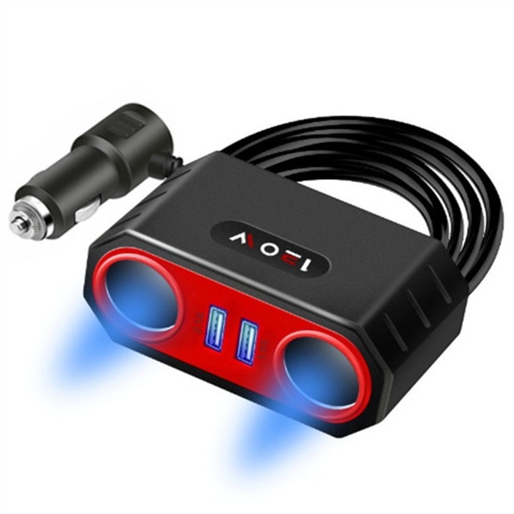 Incarcator auto 4 in 1, Negru/Rosu, 120W, porturi USB duble 3.1A, 12/24V, afisaj voltaj