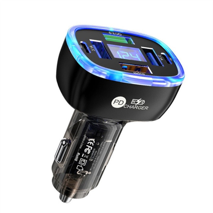 Incarcator Multiplu 6 In 1, Adaptor Priza Auto,100W,12-24V,1x USBIncarcare rapida,1USB-A (QC3.0),2 USB-A,2 x Type-C PD, Afisaj LED Tensiune, Compatibil Smartphone, Tableta, GPS, Camera Bord