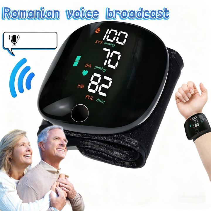 Tensiometru pentru incheietura mainii, cu notificari vocale in limba romana, design cu ecran tactil, operare simpla, masurare cu un singur buton, durata lunga de viata a bateriei