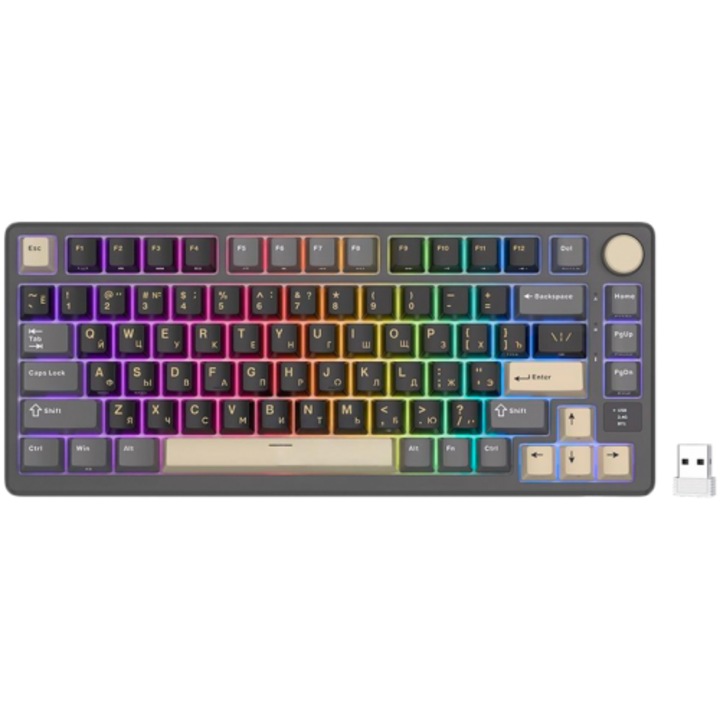 Royal Kludge RK-M75 Gamer billentyűzet, barna kapcsoló, RGB világítás, vezetékes, vezeték nélküli 2.4Ghz, Bluetooth szürke/fekete