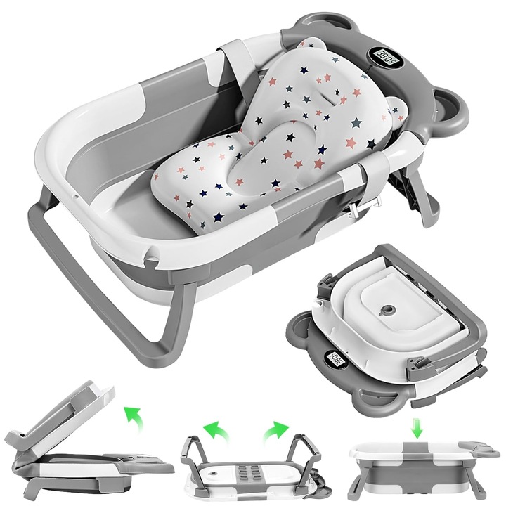 Сгъваема бебешка вана, с вграден термометър, LCD дисплей, текстилна възглавничка, преносима, сгъваема по 2 начина, тапа индикатор за температура, неплъзгащи се крачета, 67 x 42 x 21 см
