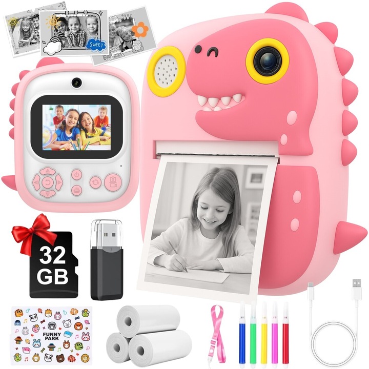 Camera Foto Instant SnapiCam™ DINO Ink-Free Print, HD Video, Kid-Safe Tech, Selfie, Muzica, Jocuri, Zoom 8x, Rame/Filtre, Baterie 800 mAh Reincarcabila, Card 32 GB + USB Reader, 3 Role, 5 Carioci, Autocolante, Snur, Husa, Meteor Pink