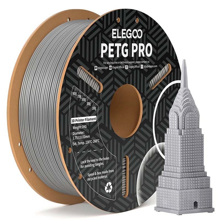 Филамент, Elegoo PETG Pro, 1кг, Сив, за 3D принтер