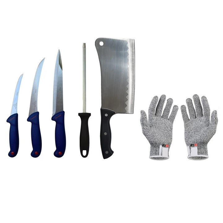 Set Profesional macelarie, 3 Cutite, Transat, Filetat, Taiere – Otel Inoxidabil, Satar 800 g, Masat Rotund 20 cm + Manusi profesionale anti-taiere, CAT5, Textil, Flexibile Marime XL