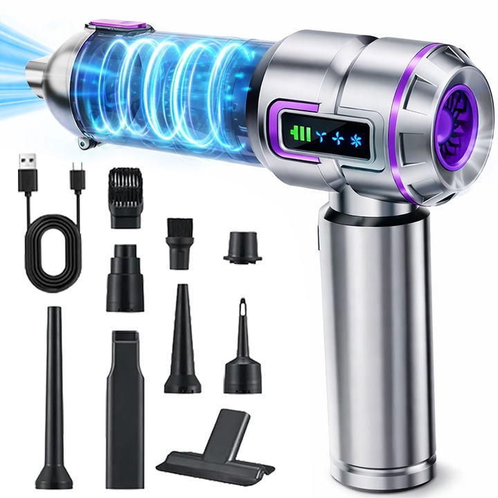 Aspirator Auto 4 in 1 Fara Fir Ewenta® PRO CLEAN, Aspirator Masina, de mana, Portabil, 120W, 3 Viteze, 22.000 Pa, Accesorii Multiple, Aspirare/Suflare/Etansare, USB Type-C, Acumulator 6000mAh, Filtru HEPA