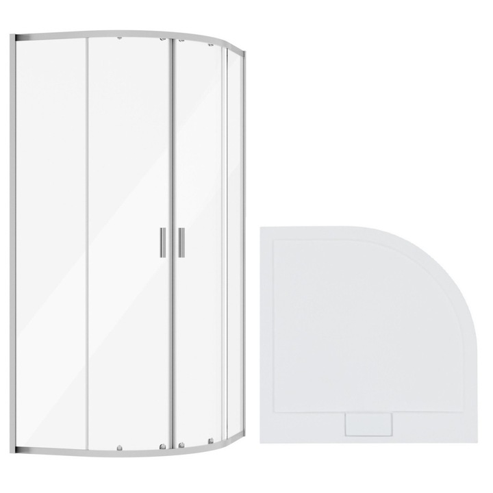 Set cabina de dus completa semirotunda Besco Zarya, 80x80x190 cm, sticla transparenta securizata tratata anticalcar, crom, cadita slim acril