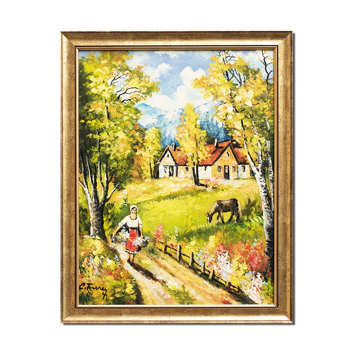 Tablou tarancuta cu flori pictat manual inramat, Oaza de liniste, 55x45cm ulei pe panza, rama din lemn, Constantin Feraru