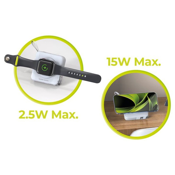 Baterie externa Mobile Origin, 10000 mAh, 20W, Cabluri Lightning/USB-C, Compatibila MagSafe/AW/AirPods, Afisaj LCD, Alb