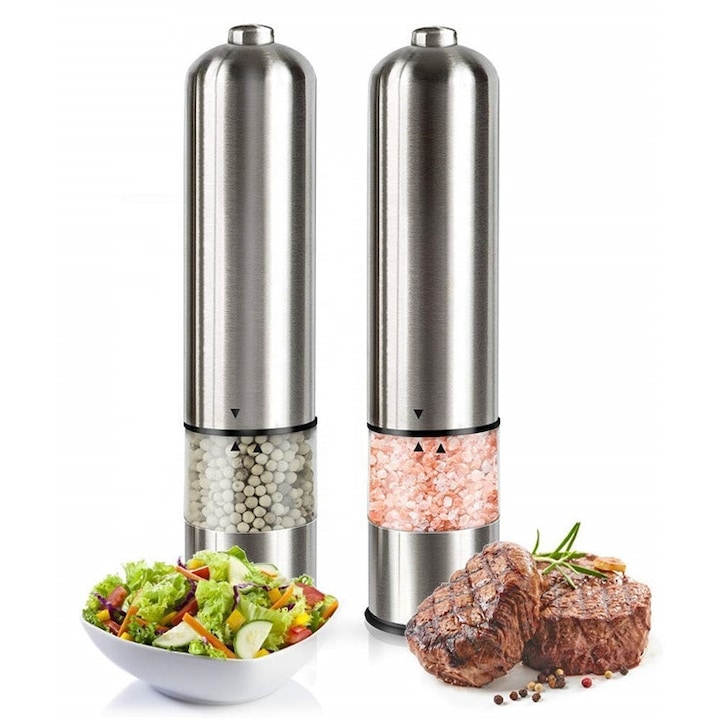 FABRILUX® Rozsdamentes Acél Elektromos Só- és Borsőrlő Kerámia Állítható Mechanizmussal, LED Világítással, Egykezes Működtetéssel