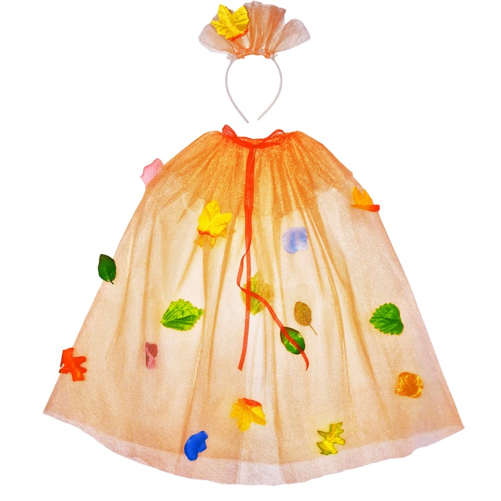 Costum 2 piese Zână Toamnă, pelerina cu guler, bentită, portocaliu, 50cm