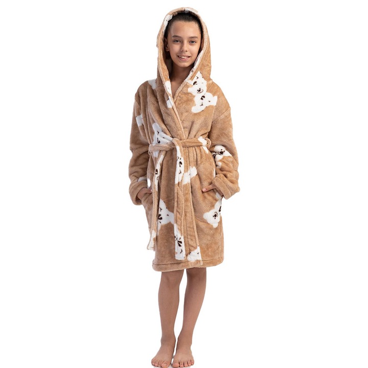 Детски халат за момичета, Vienetta, модел Teddy, мек велсофт, с качулка, колан и големи предни джобове, бежов, 7-8 години