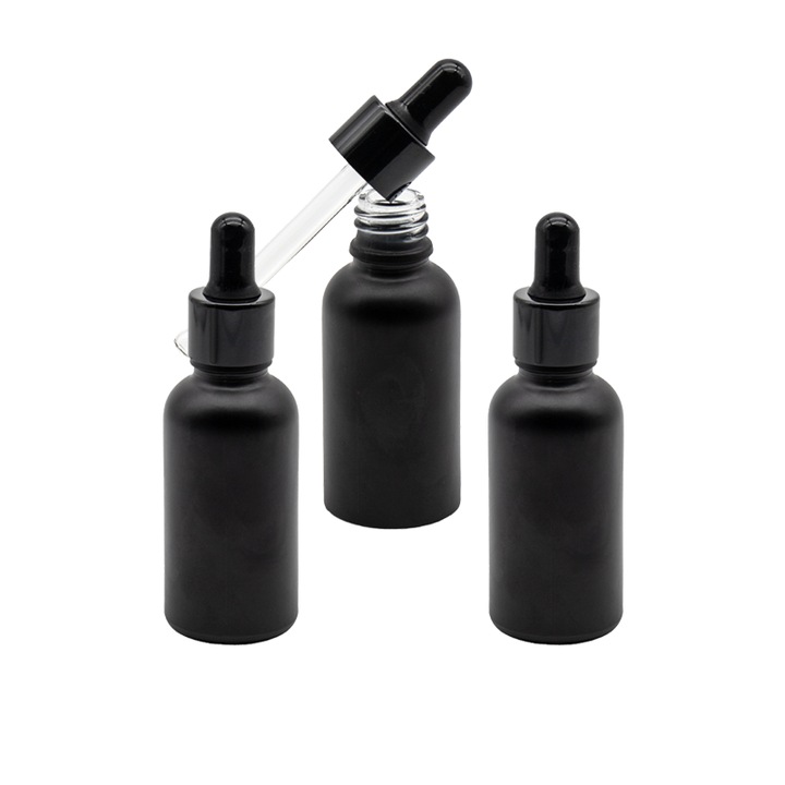 Set 3 bucati recipiente sticla neagra 30 ml si pipeta, cauciuc negru, Flory