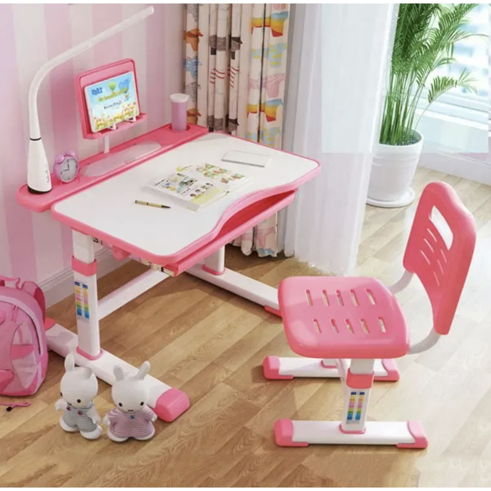 Set birou si scaun ergonomic reglabil pentru copii, roz-alb, 70x47x57 ...