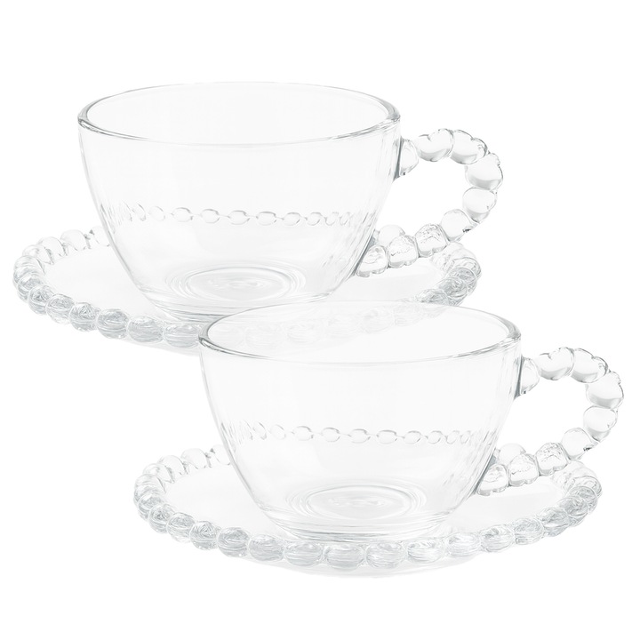 Set 2x Cani cu farfurioara din sticla AMORA 200 ml – elegante, pentru cafea sau ceai, design cu inimioare