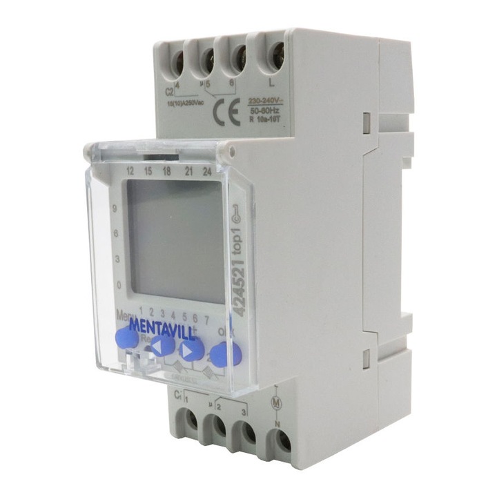 Programator orar digital saptamanal 7 zile, 24 ore, comutare la interval de 15 minute, 2x10A 230V, Mentavill