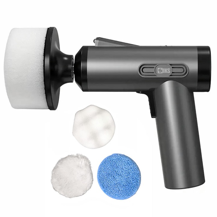 SIKS Vezeték Nélküli Autó Polírozógép, Készlet Kiegészítőkkel és USB Töltéssel, Állítható Sebesség, Erőteljes Motor, Újratölthető Akkumulátor 2000mAh, Teljesítmény 37W, Ideális Viaszoláshoz és Fényszóró, Karosszéria és Kerék Polírozáshoz, Szürke/Fekete