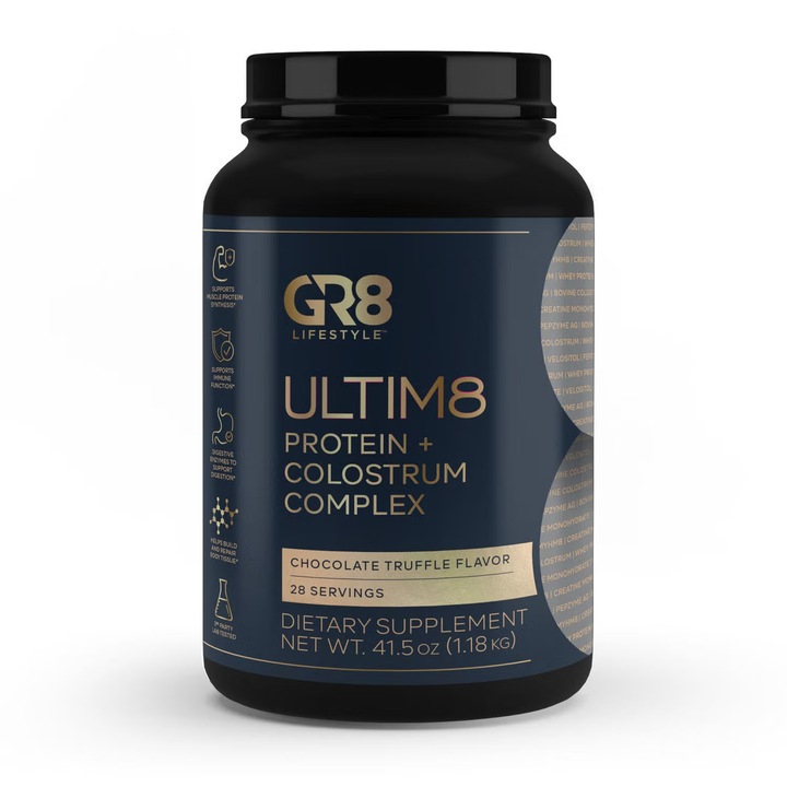GR8 LIFESTYLE ULTIM8 PROTEIN and COLOSTRUM COMPLEX with chocolate truffle flavor, Proteina si complex cu colostru, cu aroma de trufe de ciocolata, 1.18 kg