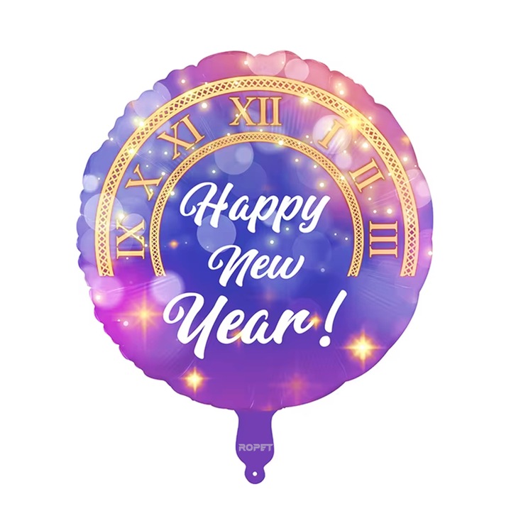 Balon Folie Ropet Happy New Year, 45cm, mov, umflabil cu aer sau heliu