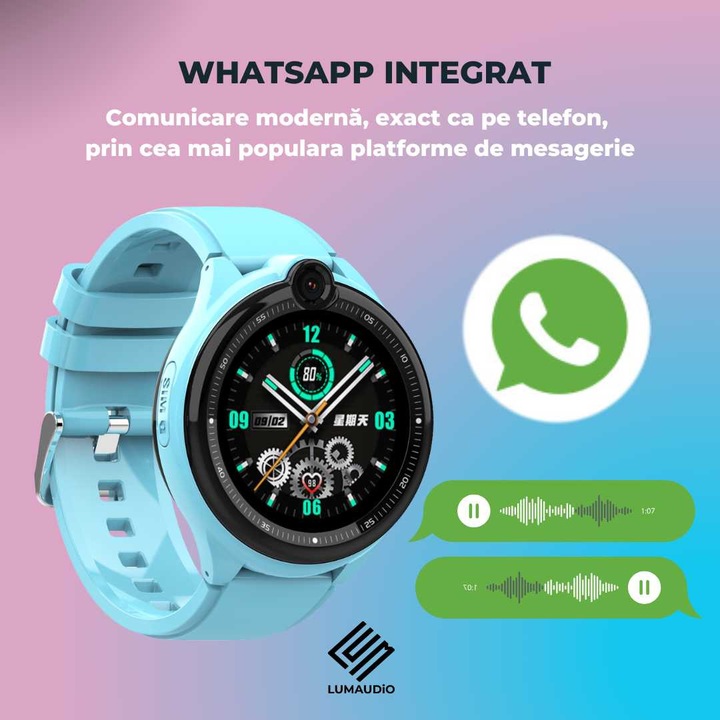 Ceas Smartwatch copii LUMAUDiO® Dora 4G cu GPS, apeluri video HD, WhatsApp integrat, control parental, functie spion, rezistent IP67, Roz