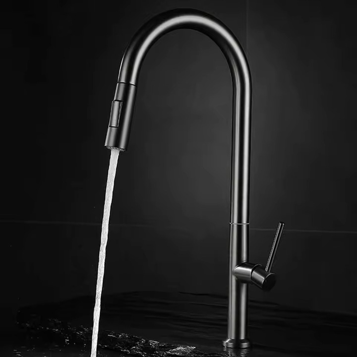 Mosogató csaptelep, Modern Design, 2 Funkció, Vízesés effektus, Kihúzható, Rozsdamentes acél, Kerámia betét, Készlet flexibilis tömlőkkel és szerelési elemekkel, Szürke