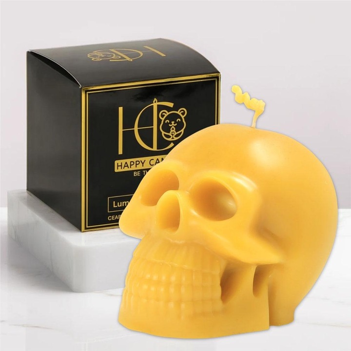 Lumanare din ceara naturala de albine, Happy Candles, Craniu, Galben, Handmade, Halloween, 250g