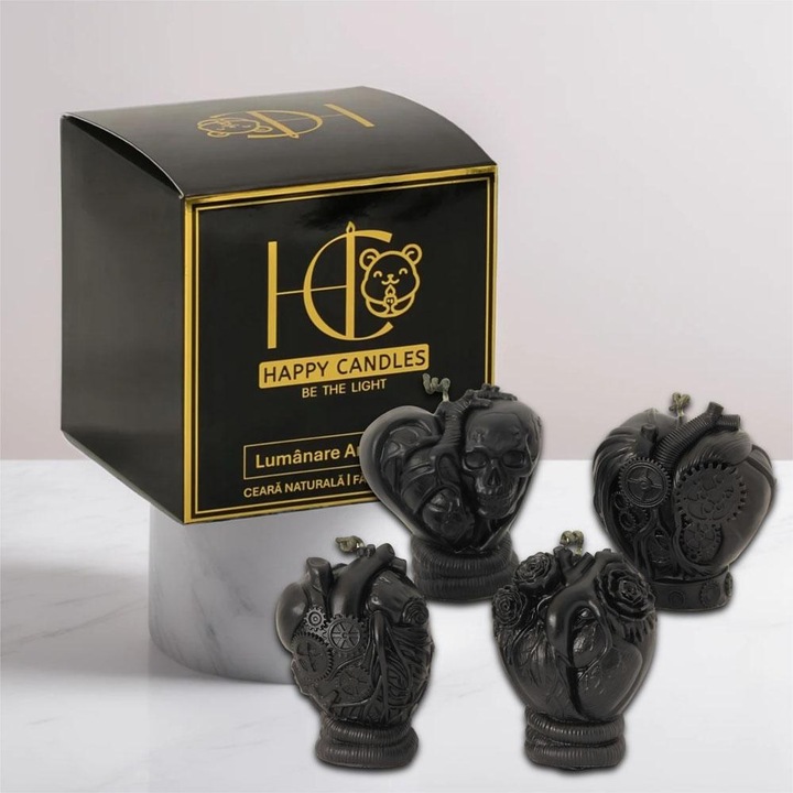 Пчелни восъчни свещи, Happy Candles, Комплект Стиймпънк сърца, Черни, Натурален восък, Ръчно изработени, Хелоуин, 440гр