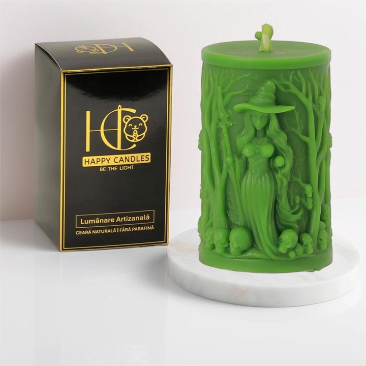 Lumanare din ceara naturala de albine, Happy Candles, Vrajitoare, Model 2, Lime, Handmade, Halloween, 230g