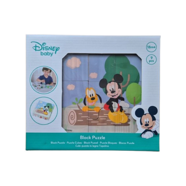 Puzzle Cuburi Lemn Disney Baby, 9 Piese, Mickey Mouse, 18 Luni+, Joc Educativ Copii