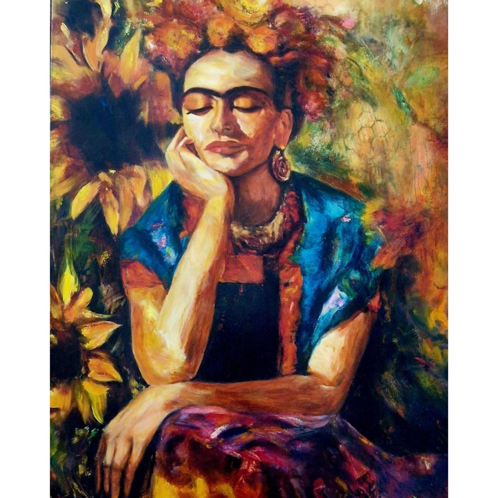 60 x 90 cm. Tablou pictat manual, Ulei cu tehnica mixta, pe panza intinsa – Frida, ideal pentru living si dormitor