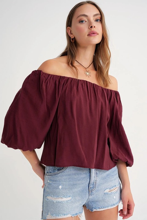 Bluza dama HiCCUP, Mixray, guler Madonna, detaliu cu volane, burgundy, textil, Visiniu
