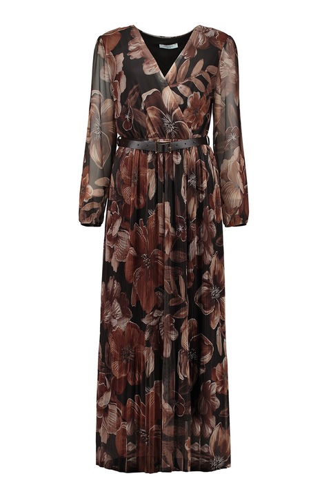 Zabaione, Rochie cu decolteu in V si imprimeu floral, Negru/Maro, M