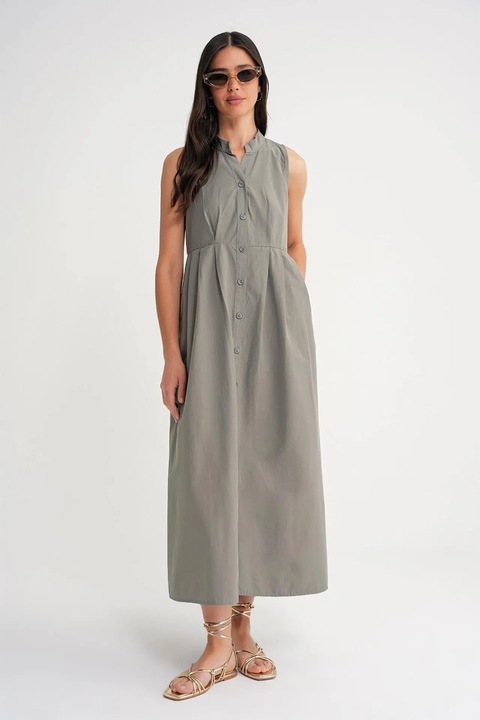 Rochie maxi, HiCCUP, guler cu nasturi, gri, textil