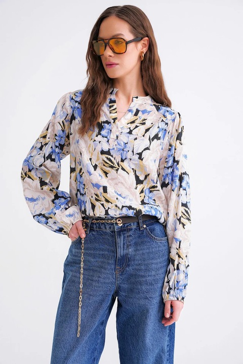 Bluza dama HiCCUP, cu maneca lunga, imprimeu floral, albastru, textil