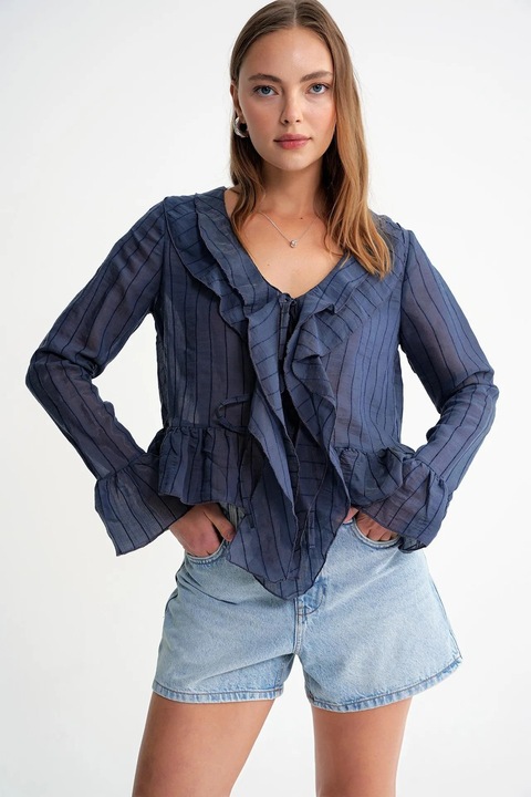 Bluza dama HiCCUP cu dungi, volane, decolteu in V, albastru marin, textil