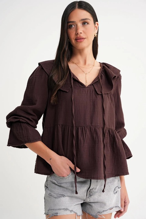 Bluza dama HiCCUP, cu guler sal, volane, maro, textil