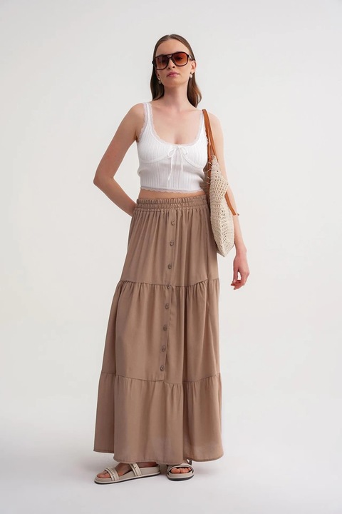 Fusta maxi HiCCUP, talie inalta, maro camel, textil