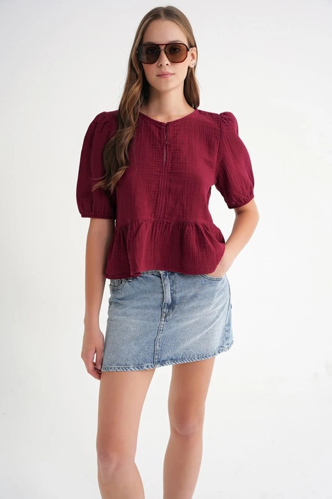 Bluza dama HiCCUP din muselina, burgundy, cu guler rotund si inchidere cu nasturi