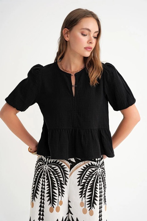 Bluza dama, HiCCUP, texturata din muselina, negru, bumbac