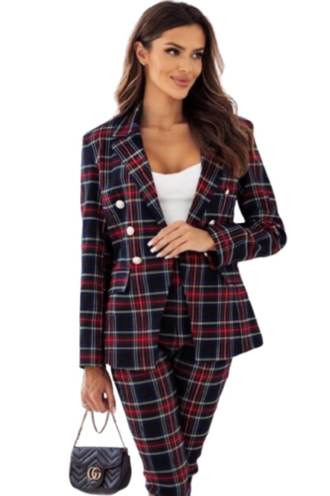 Costum elegant Nina, cu sacou, pantaloni tip pana si imprimeu in carouri, Negru, Marime S/M, FashionForYou