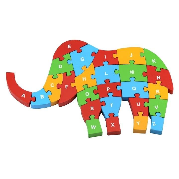 Puzzle din lemn cu litere si cifre, elefant, 25 cm