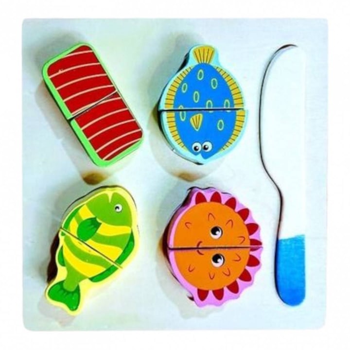 Fából készült oktató puzzle, 10 darabos készlet, 4 színes hal, 18x18x2cm