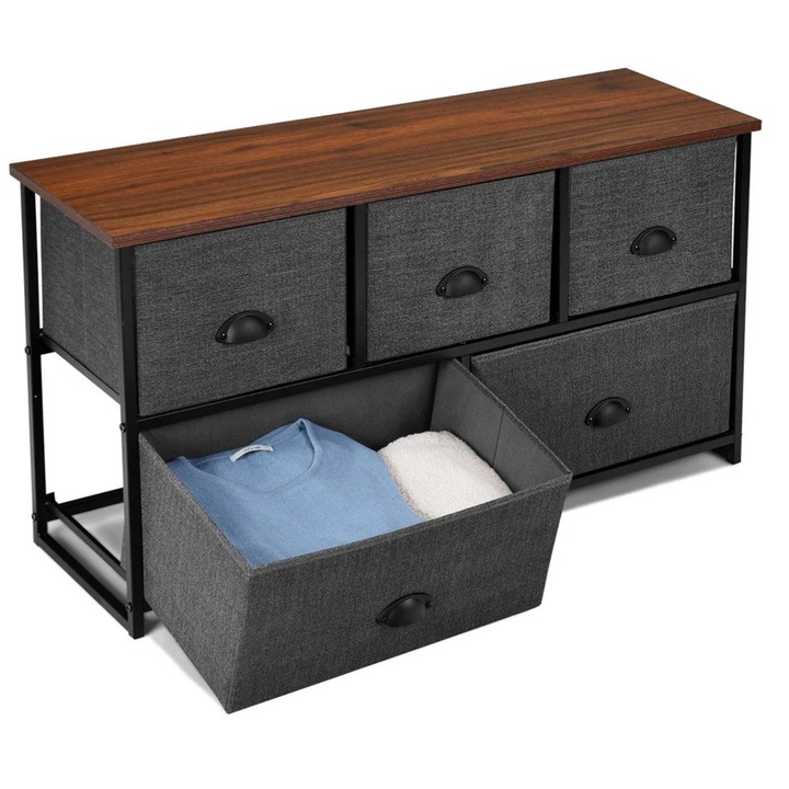 5 fiókos tárolóegység, Northix, fekete és szürke, textil anyag, méretek 30x53,5 cm