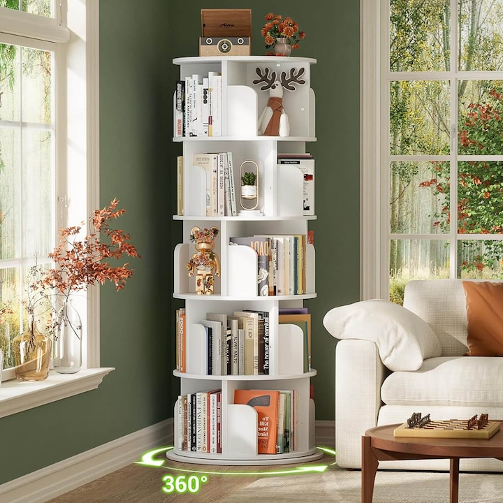 Raft Rotativ de Carti 5 Niveluri, SANSES, Design Cilindric, Capacitate Mare de Incarcare, 160x46cm, Alb