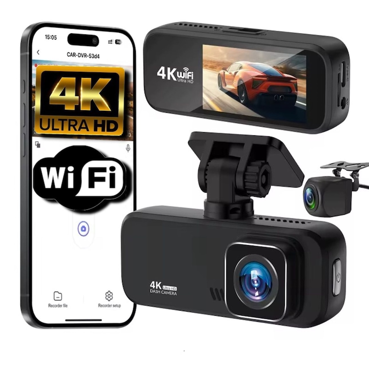 Camera auto/Dash Cam, vedere nocturna inregistrare in bucla Full HD Camera filmare marsialier AMYMAT DVR 4K duala, fata+spate, Wi-Fi, GPS, Night Vision, ecran 2"