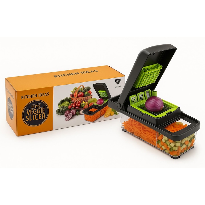 Razatoare multifunctionala set 14 piese Kitchen Ideas Veggie Slicer, lame inox, recipient colector, multicolor