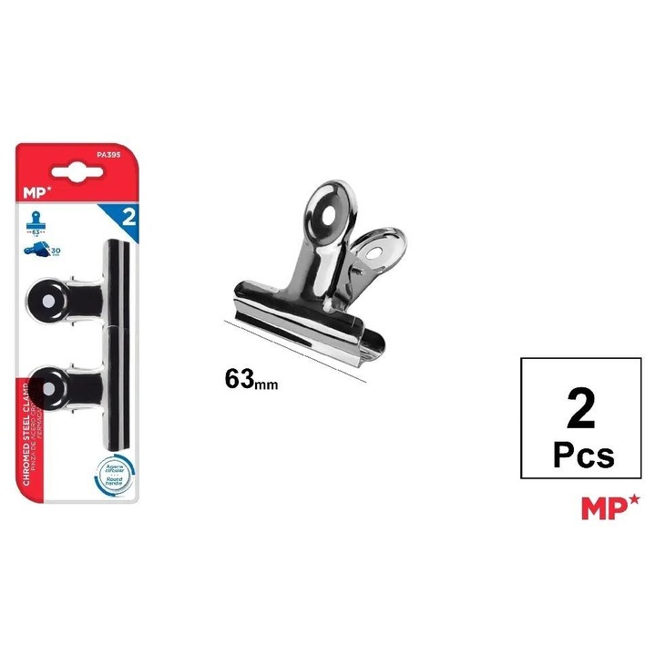 Ezüst színű fém klipsz készlet 63mm, MP Main Paper, 2 darab