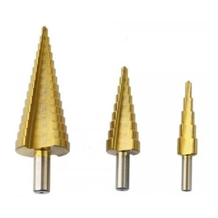 Set 3 Freze Conice in Trepte, Spiralate, 4–32 mm, Otel Titaniu